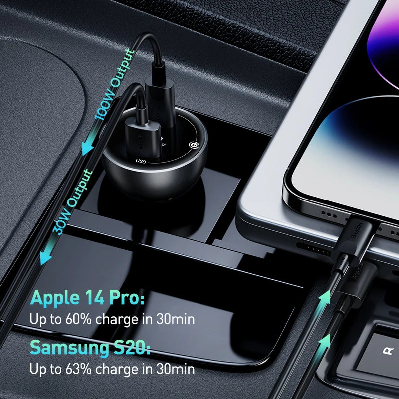 Baseus 140W PD3.1 Car Charger Fast Charging QC3.0 Quick Charge For Macbook Pro Laptop USB Type C Car Phone Charger For iPhone 16