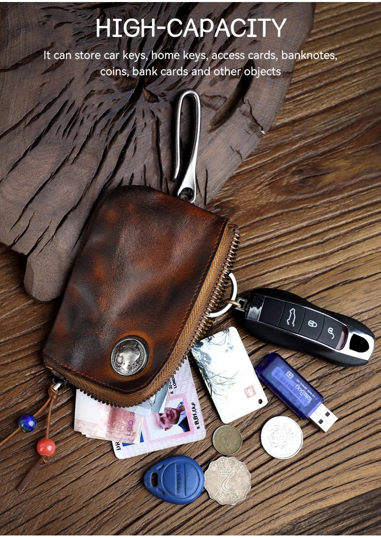 Vintage Cow Leather Coin Purse for Men Handmade Genuine Leather Change Pouch Key Holder Card Slot Storage Bag with Zipper