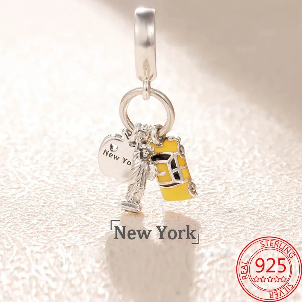 Authentic 925 Sterling Silver Car Travel New York Statue Of Liberty Charm Beaded Fit Pandora Bracelet DIY Jewelry Making