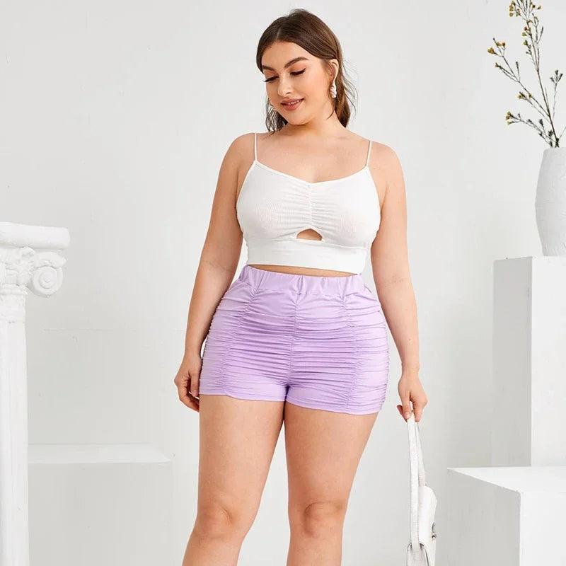 Plus Size Elastic Waist Sexy Summer Casual Ruched Shorts Women Solid Purple High Waist Skinny Biker Shorts Female Large Size 6XL