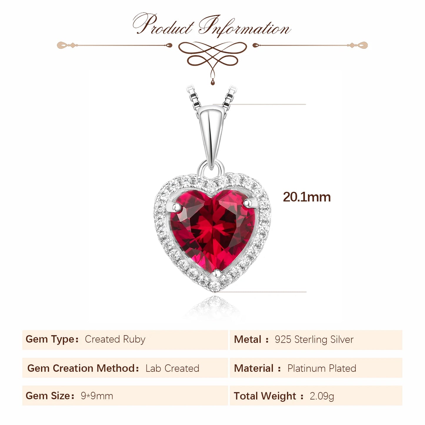 Potiy Heart Shape 3.6ct Created Ruby Pendant Necklace No Chain 925 Sterling Silver for Women Daily Wedding Party Jewelry