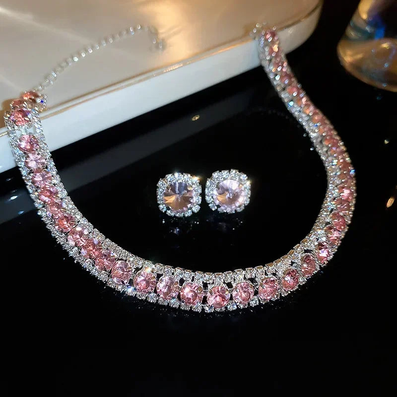 Luxury Crystal Necklace Earrings Set Pink ABcolourful Necklace for Women Weddings Party Jewelry Sets Accessories