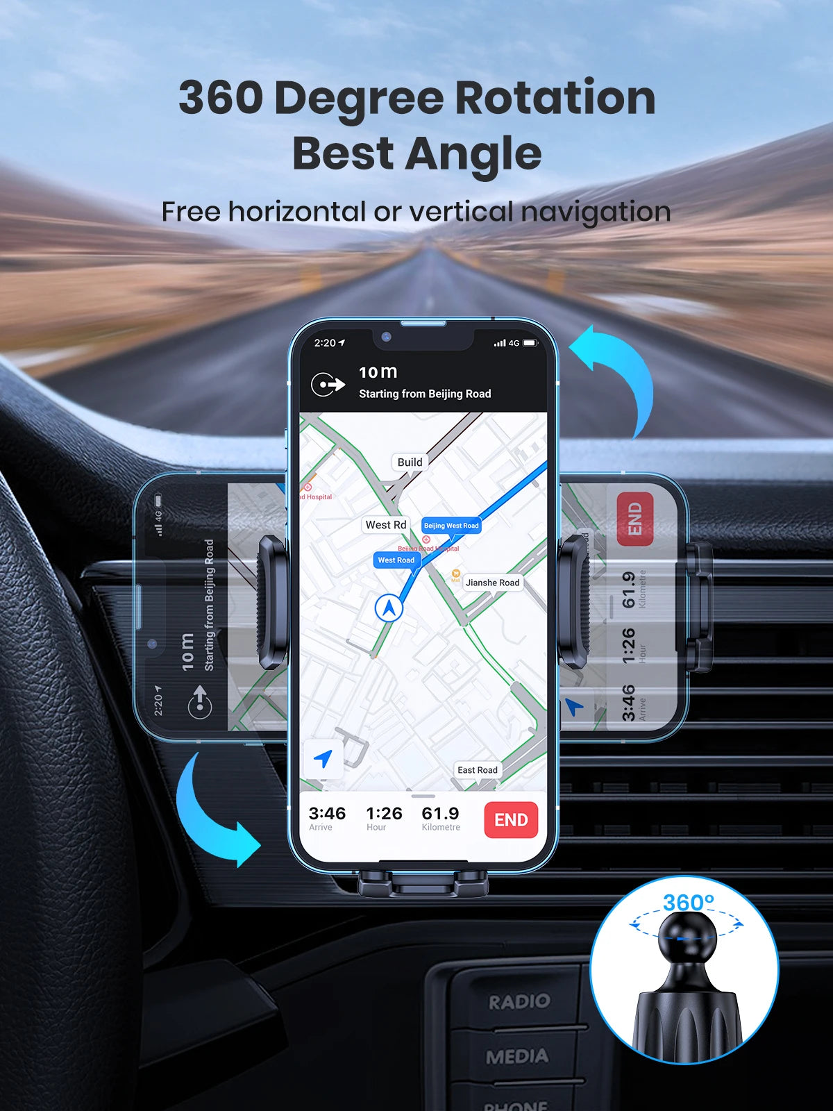 TOPK Car Phone Holder for Car with Hook Clip Air Vent Car Phone Mount 360° Rotation Universal Mobile Phone Mount for Smartphone