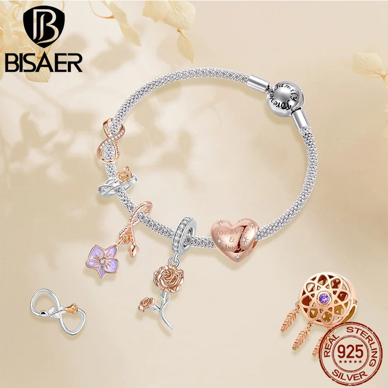 BISAER 925 Sterling Silver Rose Gold Charm Bead Heart Flower Pendant For Girl Bracelet DIY Mother's Day Birthday Fine Jewelry