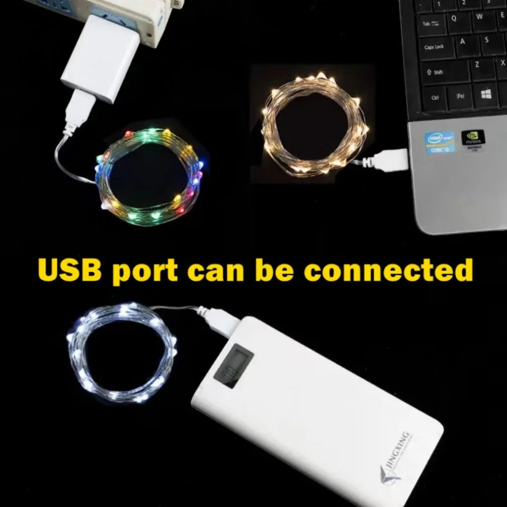 سلسلة مصابيح LED USB بطول 20 متر و200 مصباح LED سلك فضي في الهواء الطلق مقاومة للماء لتزيين حفلات الزفاف وأعياد الميلاد