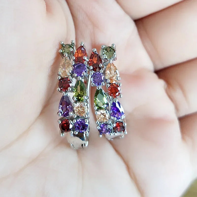 Wholesale Slver Color Luxury Sterling Silver Color Earrings Flash Colorful CZ Zircon Ear Studs Earrings Women Cheap Brincos