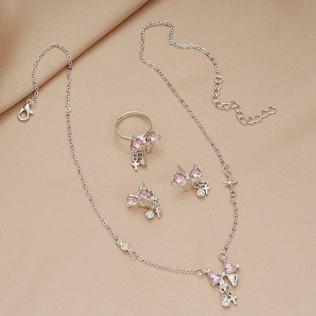 2024 Fashion Sweet Zircon Bow Necklace Earrings Rings Set Three Pieces Silver Color Elegent Luxury Y2K Jewelry Set Party Gifts ﻿