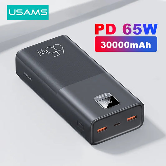 USAMS 65W 移动电源 30000mAh PD 快速充电 SCP FCP 移动电源便携式外置电池充电器适用于手机笔记本电脑平板电脑 Mac