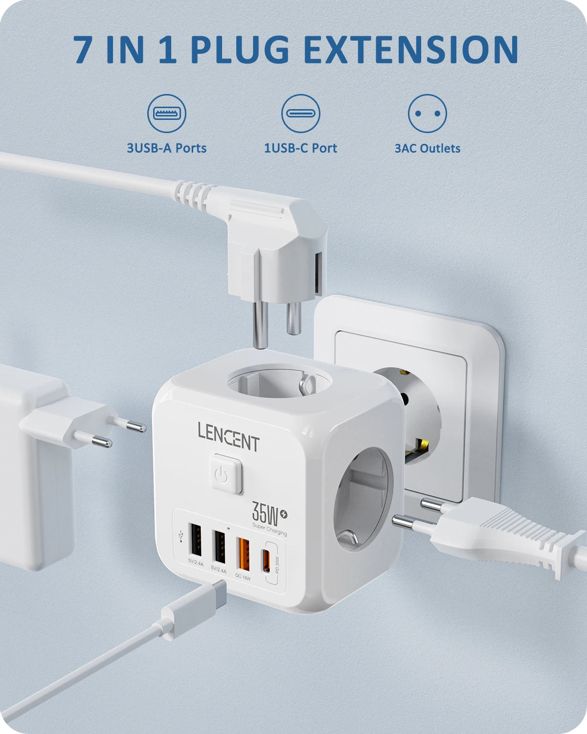 LENCENT Wall Socket Extender with 3 AC Outlets 3 USB Ports And1 Type C 7-in-1 EU Plug Charger On/Off Switch for Home