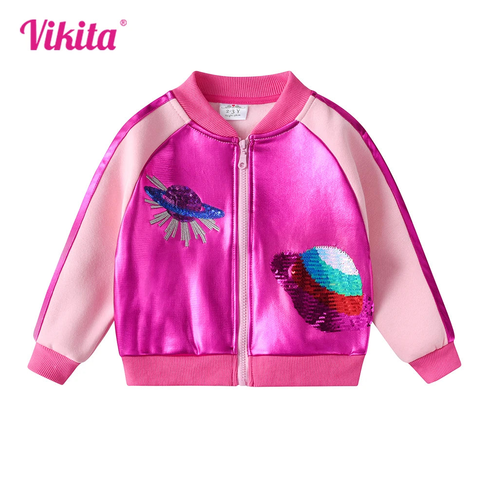 VIKITA Girls Autumn Winter Outerwear and Jackets Kids Cosmos Sequined Appliqued Fashion Casual Zipper Jacket Children Clothes