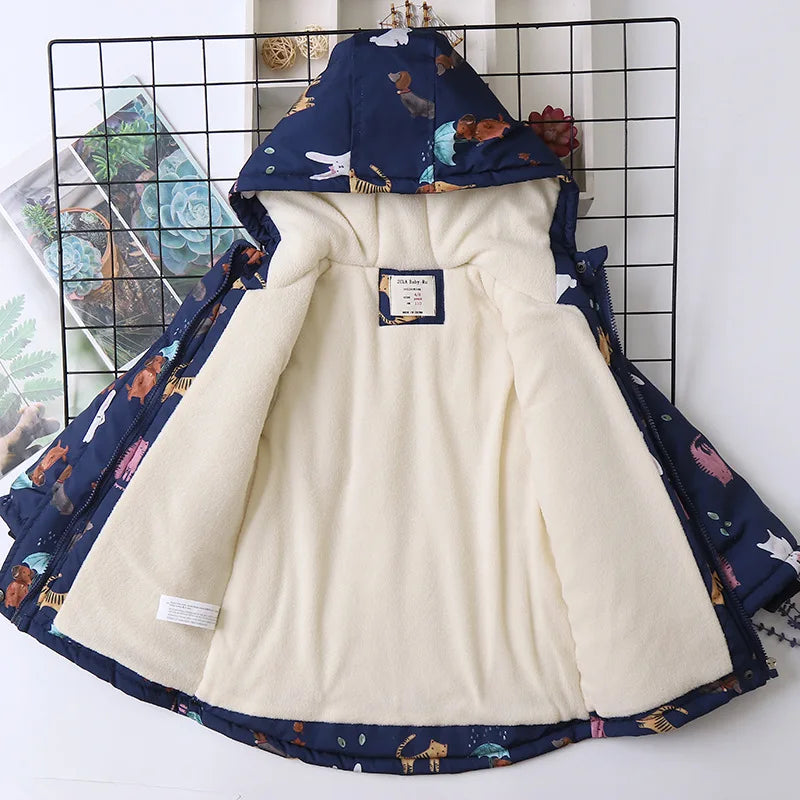 Autumn Winter Girl Jacket Coat Cartoon Printed Waterproof Plus Velvet Warm Girl Outerwear 4-14 Year Kids Teenage Girl Parka