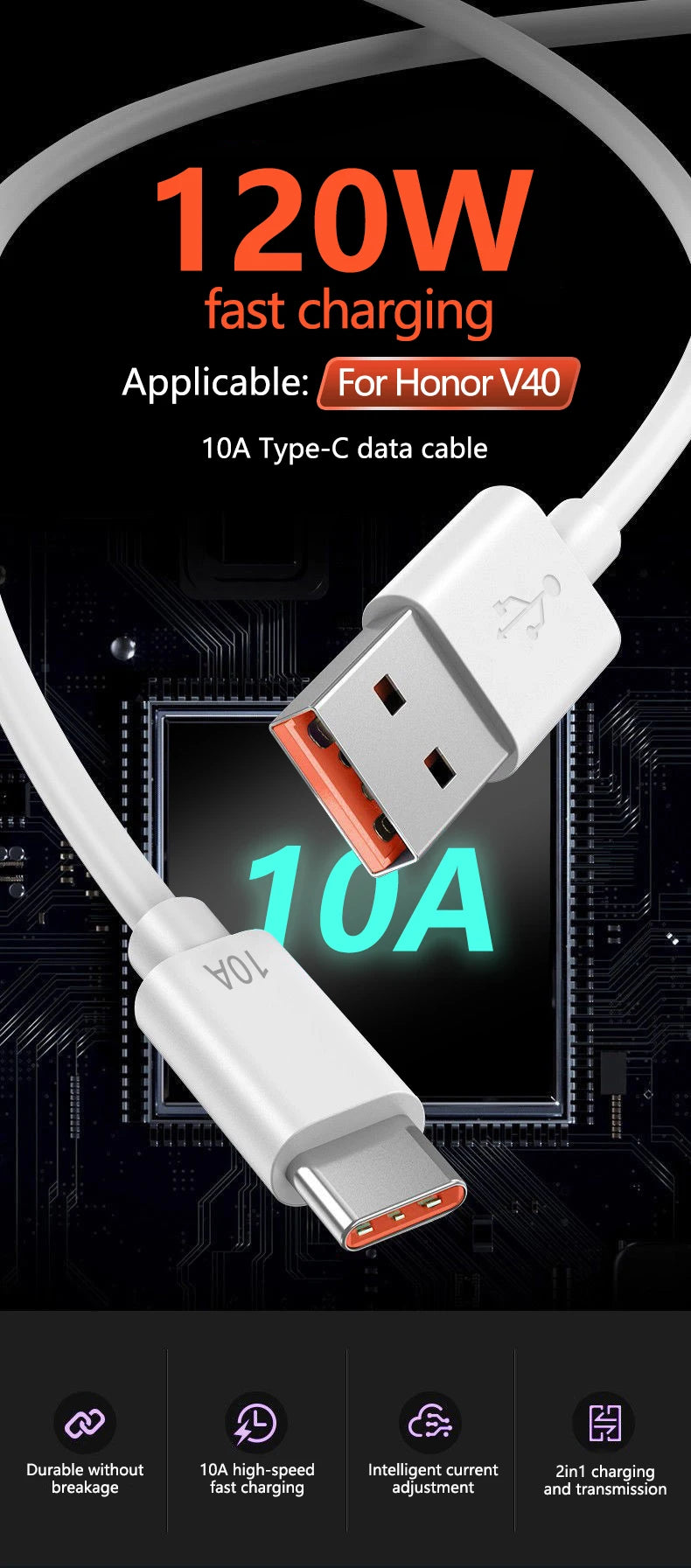 120W 10A USB Type C Super Fast Charging Cable For Huawei P40 P30 Honor Data Cord For Xiaomi Redmi 13 OnePlus POCO