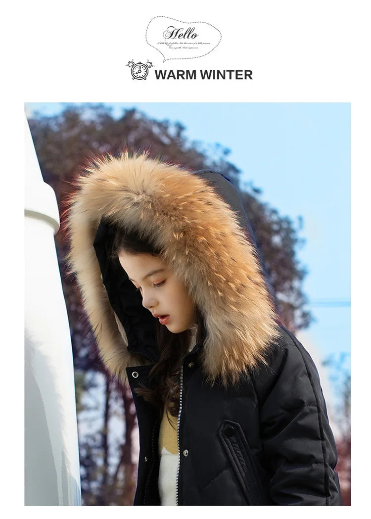 RAISE 2024 Winter Down Jackets For Grils 5-14Y Kids Junior Girl Parkas Real Raccoon Fur Solid Waterbreaker Babys Girls Outerwear