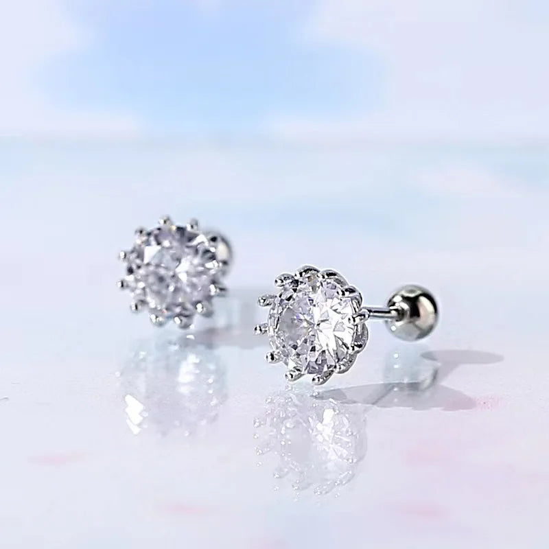 Trendy Silver Screw Back Helix Stud Earrings with Sparkling Cubic Zirconia by Bulbusbow