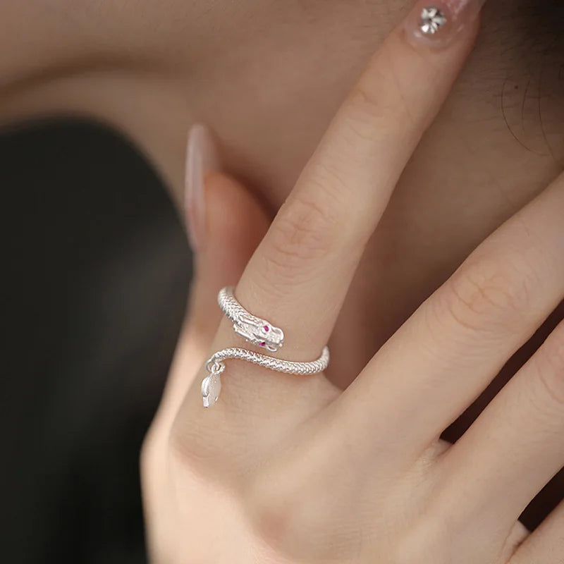 VENTFILLE 925 Sterling Silve Long Dragon Ring for Women Girl Irregular Texture Red Zircon Jewelry New Year Gift Dropshipping