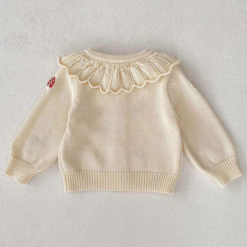 Baby Girl Knit Cardigan  0-3Y | Autumn Winter Cotton Sweater with Embroidered Mushrooms | Toddler and Kids Girls' Coat