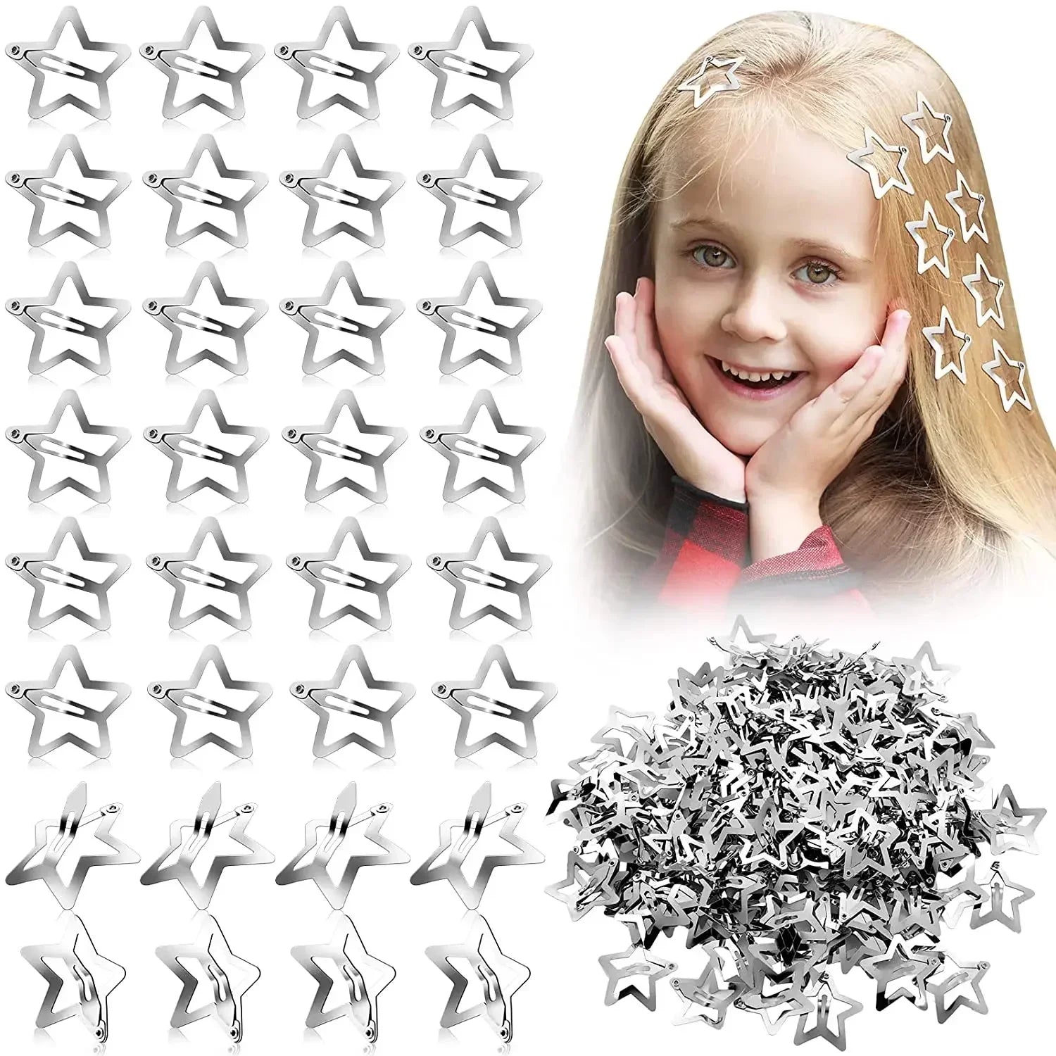 Bulbusbow 2pcs Silver Star Hair Clips for Girls – Y2k Filigree Metal Snap Clip Hairpins Barrettes | Nickel-Free, Lead-Free