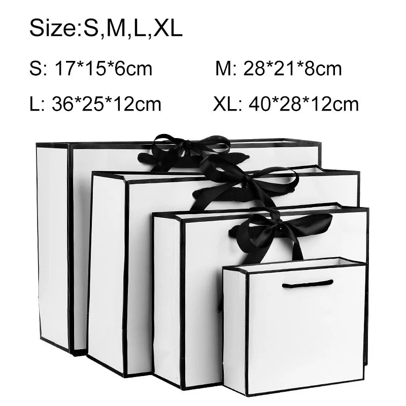 Luxury Large Gift Packaging White Paper Box With Black Border Shopping Bag Portable Tote Bags Bow Ribbon Dinner Party Supply DIY