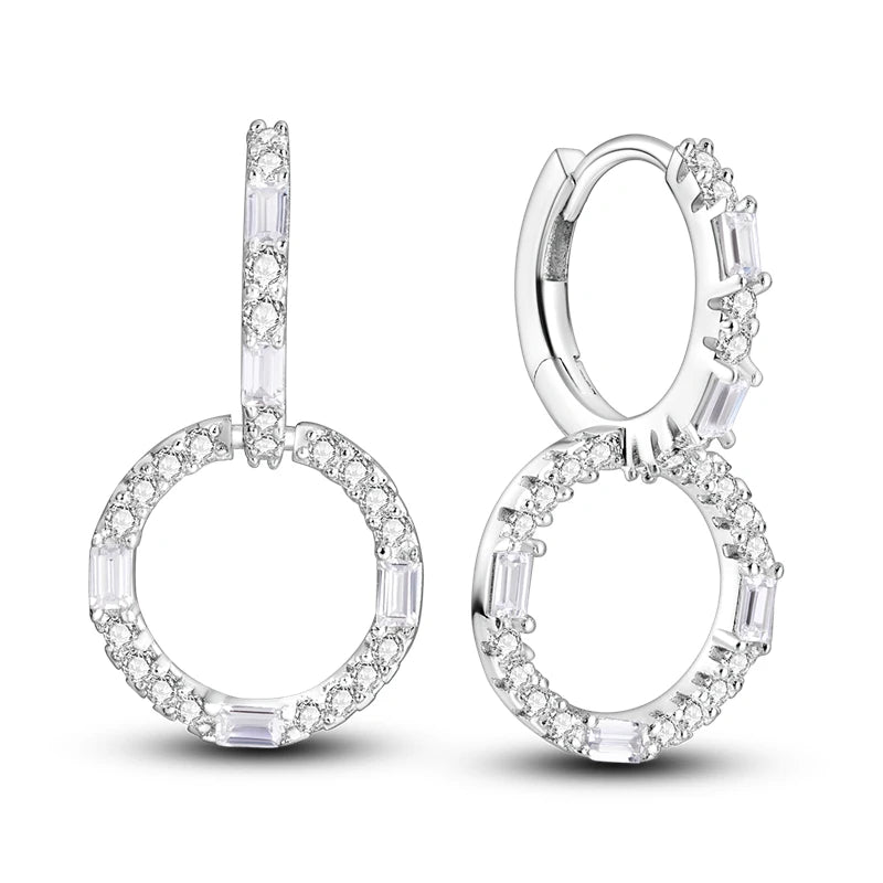 Bulbusbow 925 Silver Zircon Inlaid Dangle Earrings - Elegant Hollow Circle Chain Style