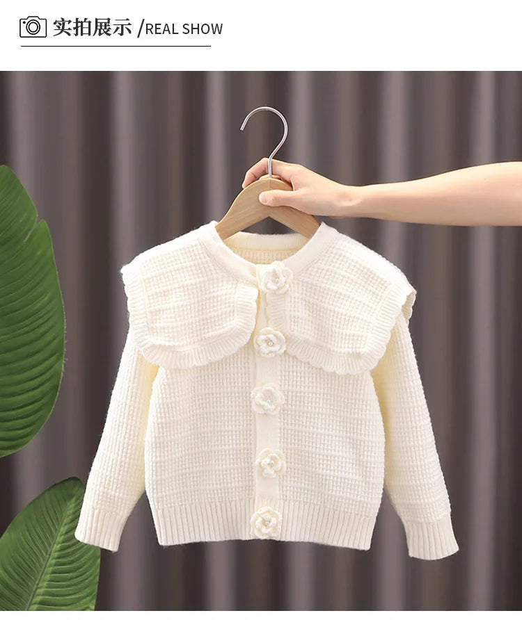 Autumn Winter Kid Girl Sweater Cardigan Cotton Solid Turn Down Collar Infant Girl Open Stitch Coat Flower Button Belle Girl Coat