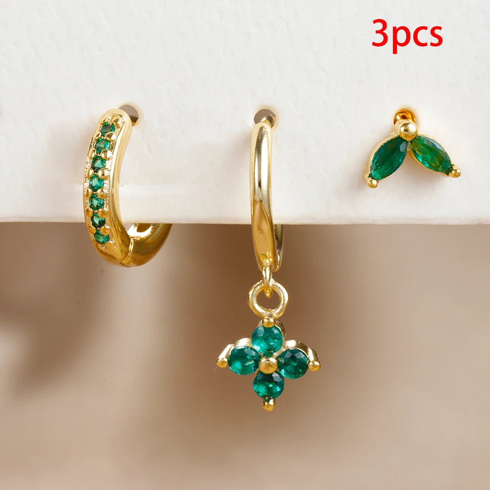 3PCS Exquisite Green Zircon Hanging Earrings Set for Women Stainless Steel Flower Dangle Earring Cartilage Piercing Jewelry