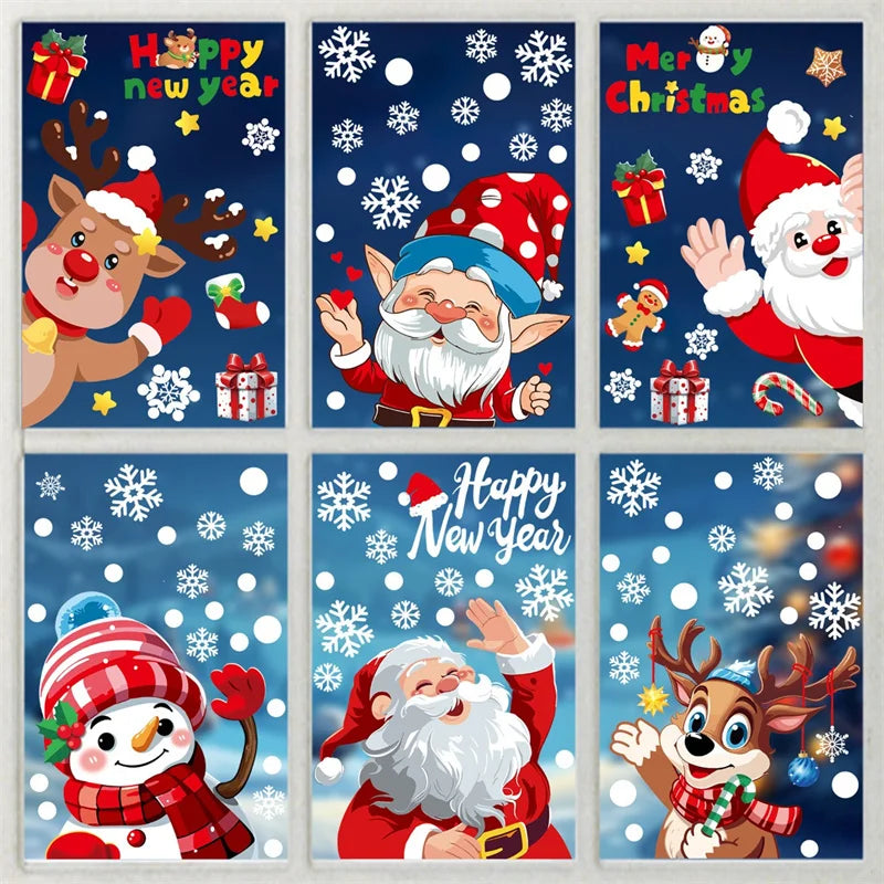 Merry Christmas 2024 Window Decoration Stickers Electrostatic Glass Decals Santa Claus Snowman Snow Flake Pattern Xmas Ornaments