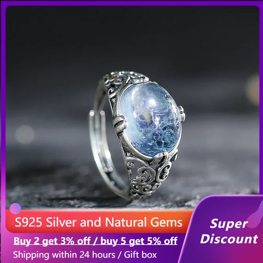 Vintage S925 Silver Men's Ring Natural Ore Pigeon Egg Crystal Sapphire Women's Ring Exquisite Jewelry Party Accessories Gift