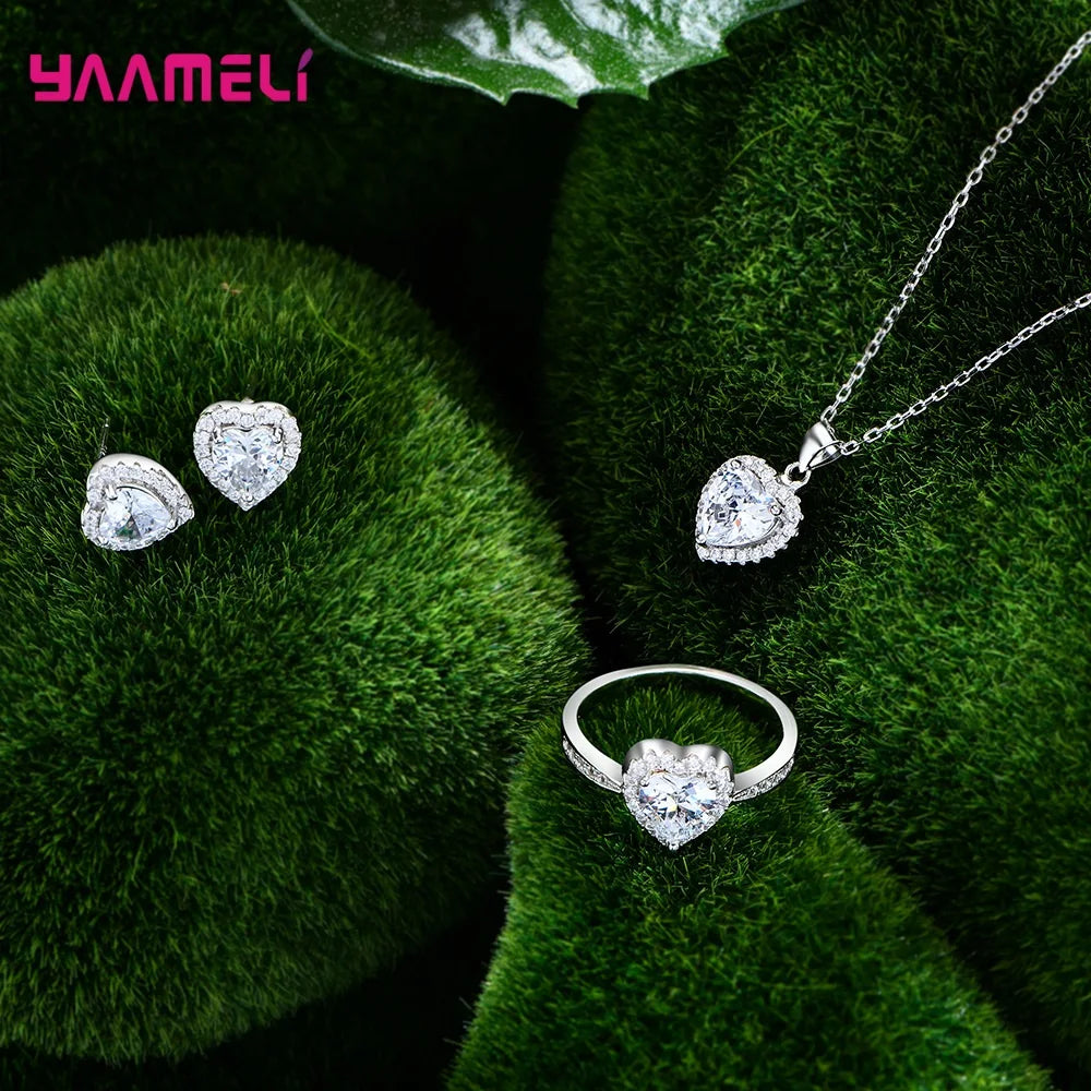 Romatic Birthday Valentines Day Gift Luxury 925 Sterling Silver Color Jewelry Sets Cubic Zircon Heart Ring Necklace Earrings