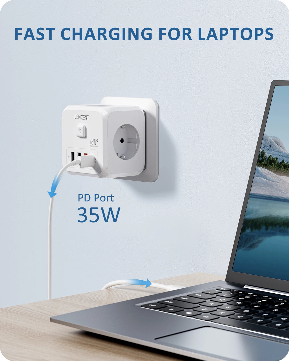 LENCENT Wall Socket Extender with 3 AC Outlets 3 USB Ports And1 Type C 7-in-1 EU Plug Charger On/Off Switch for Home