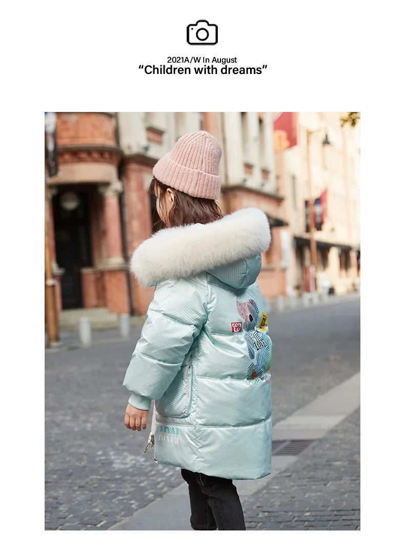 RAISE Korean Winter Kid Girl Down Jacket Colorful Bear Print Waterproof Thicken Baby Girl Outerwear 5-14 Year Junior Girl Parkas