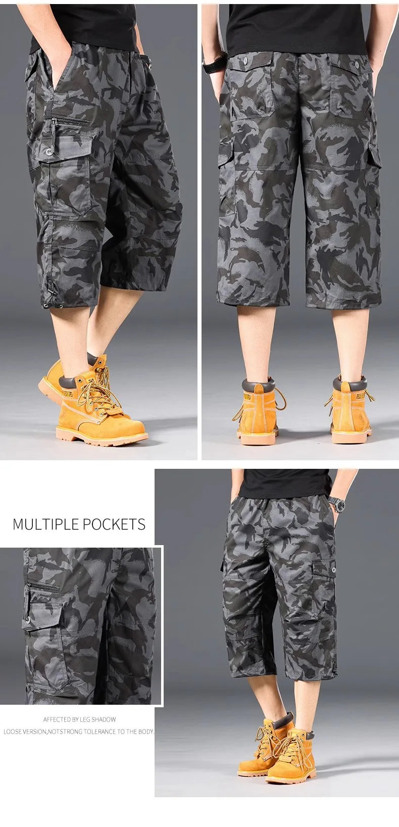 Summer Men's Cargo Shorts Loose Casual Below Knee Pants Elastic Waist Plus Size Outdoor Jogging Tactical Capri Pants