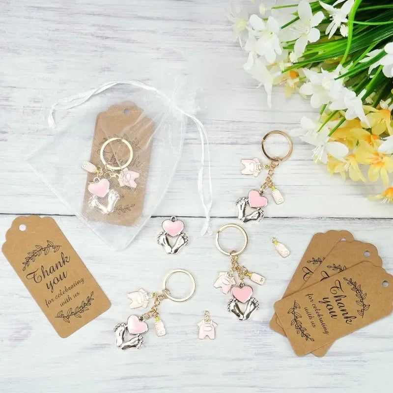 24set Baby Shower Favors Guests Girl Footprint Keychains Thank You Gifts Christening It's A Girl Boy Birthday Party Supplies