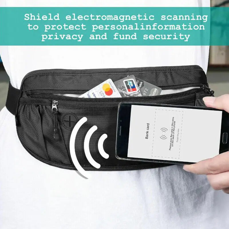 حزام هاتف للسفر مع خاصية حجب إشارات RFID وحقيبة خصر مقاومة للماء وحقيبة محفظة مخفية وحقيبة جواز سفر مانعة لإشارة RFID مقاس 15*35 سم