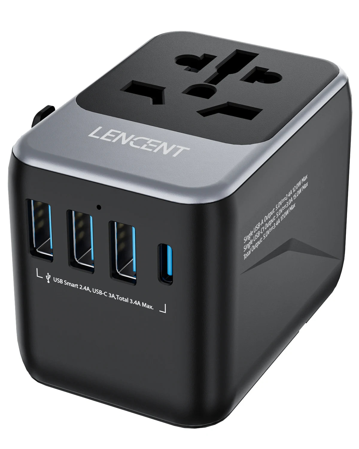 LENCENT Universal Travel Adapter with 3 USB Ports 1Type-C PD Charging All-in-one Travel Adapter EU/UK/USA/AUS Plug for Travel