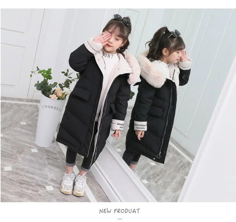 New Girls clothing Winter Warm down Cotton Jackets Children parka faux Fur Collar Coat Girl Thicken overalls Hooded kids Clothes