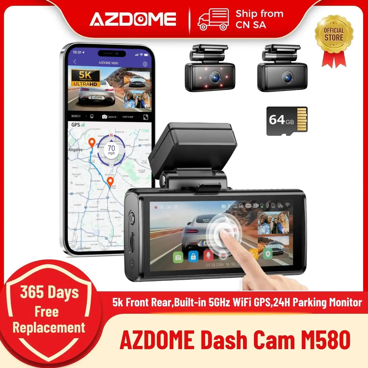 AZDOME M580 行车记录仪 5k 前后车载摄像头 内置 5GHz WiFi GPS 4 英寸触摸屏 24 小时停车监控 夜视 黑匣子