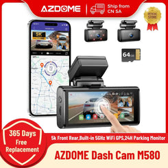 AZDOME M580 Dash Cam 5k Front Rear Car Camera Built-in 5GHz WiFi GPS 4" Touch Screen 24H Parking Monitor Night Vision Black Box