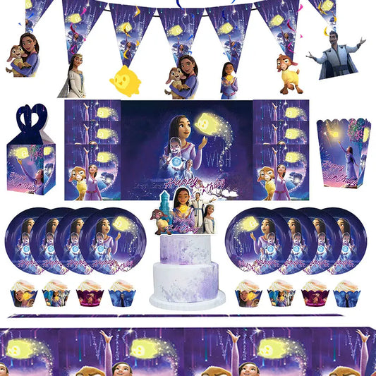 Disney Wish Party Asha Birthday Decoration Tableware Set Balloon Wish Birthday Supplies For Kid Cup Plate Napkin Banner Backdrop