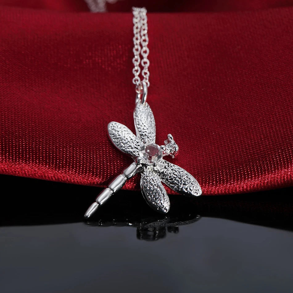 Fashion Luxury 925 Sterling Silver Crystal dragonfly pendant necklace earring bracelet rings for women Popular Jewelry set gifts