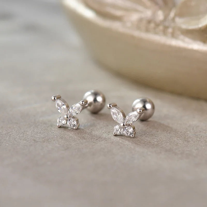 Trendy Silver Screw Back Helix Stud Earrings with Sparkling Cubic Zirconia by Bulbusbow