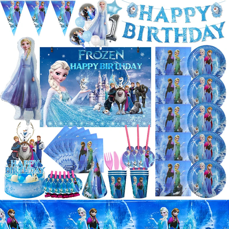 Disney Snow Queen Birthday Decoration Tableware Cup Plate Frozen Party Balloons Set Banner Backdrop Event Party Supplies For Kid