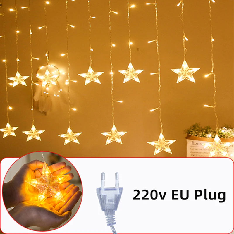 LED Star Lamp Curtain Garland Fairy String Lights Christmas Decoration Outdoor For Holiday Wedding Party 2023 New Year Decor