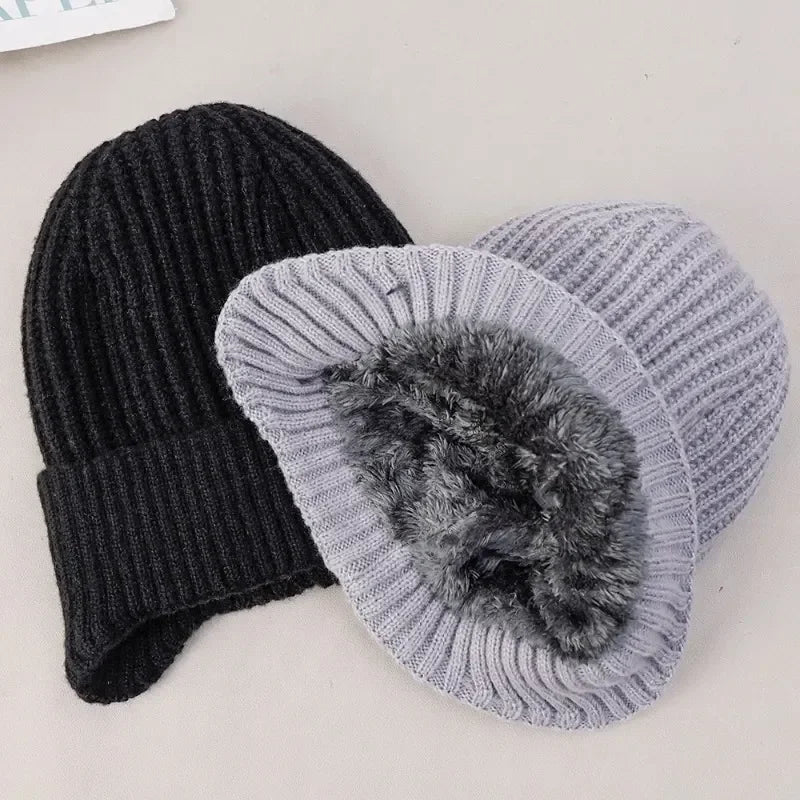 Outdoor Men Winter Knitted Hat Plush Warmth Peaked Cap Earmuff Casual Fashion Faux Fur Lined Bomber Hats Cycling Ear Protection