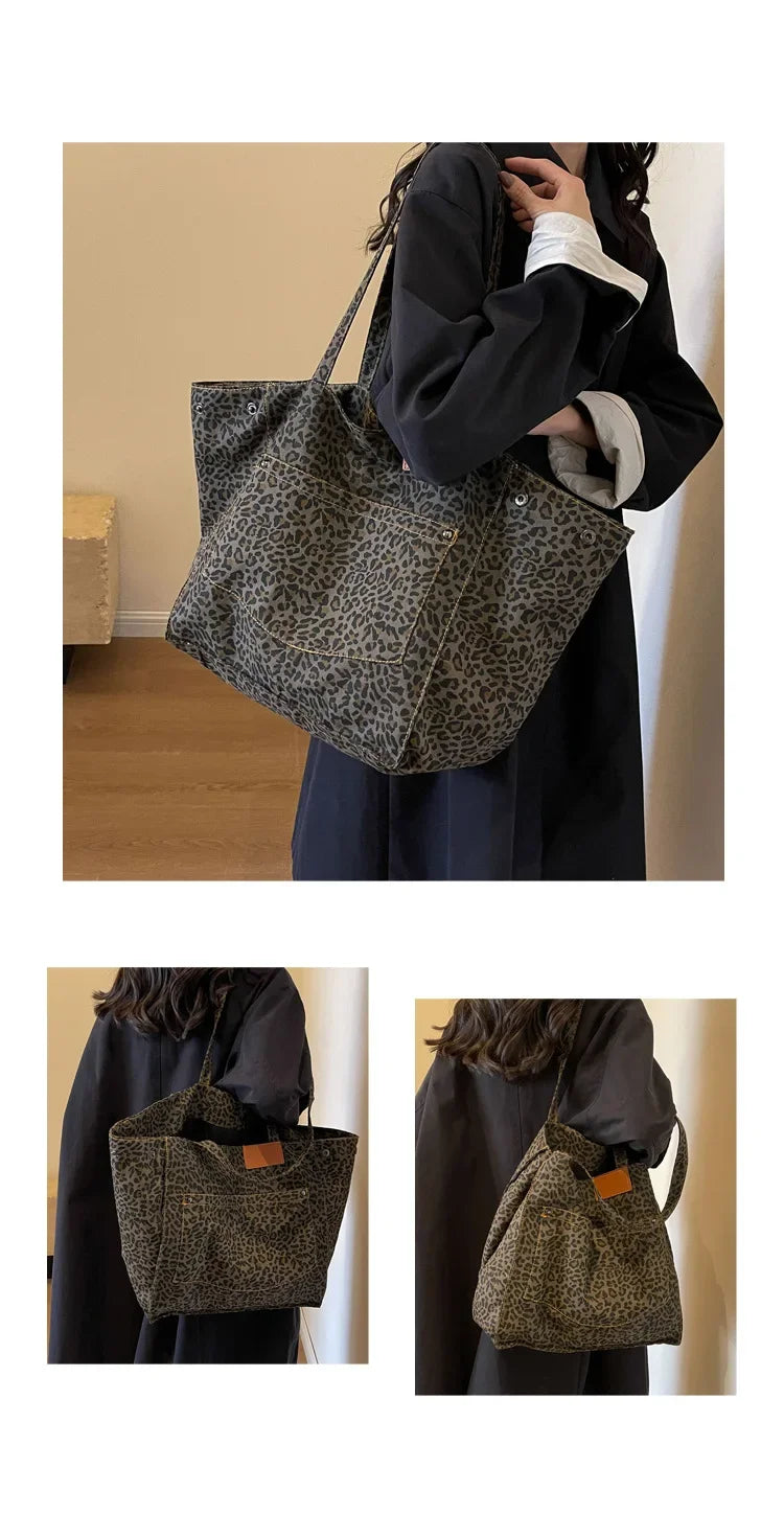 Oversized Leopard Prints Shoulder Bags for Women Deformable Canvas Large Capacity Shopping Totes 2024 Winter New Luxury Handbags