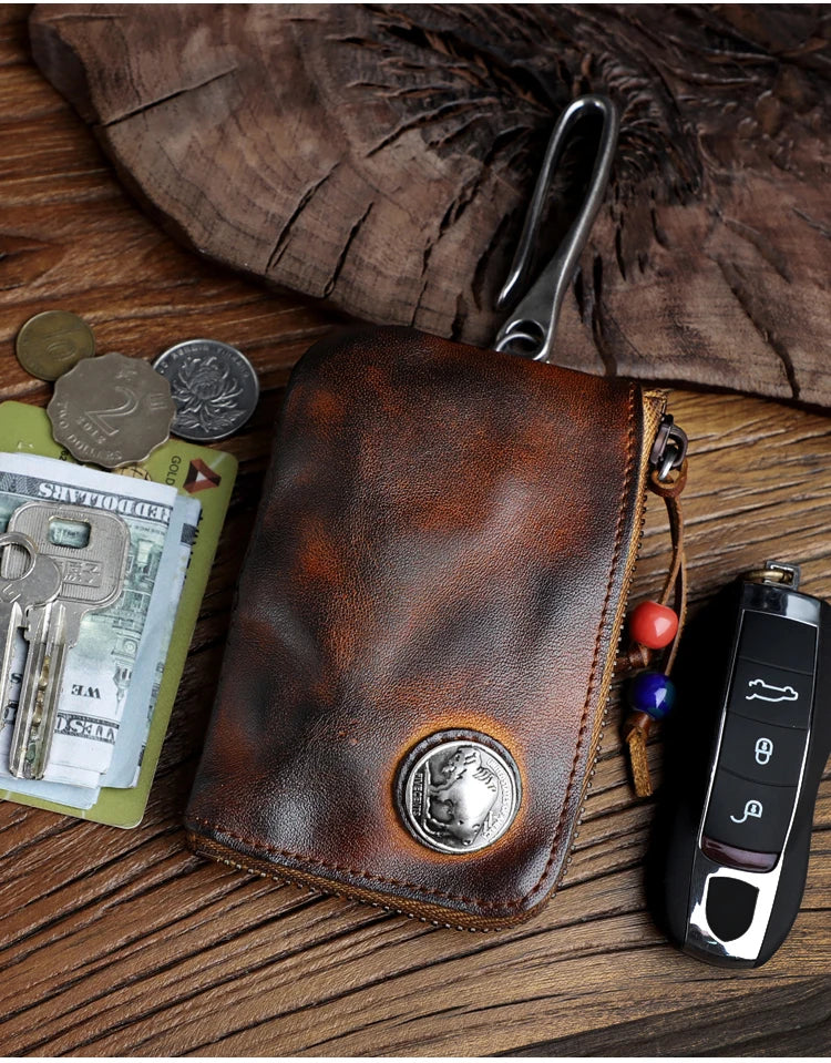 Vintage Cow Leather Coin Purse for Men Handmade Genuine Leather Change Pouch Key Holder Card Slot Storage Bag with Zipper