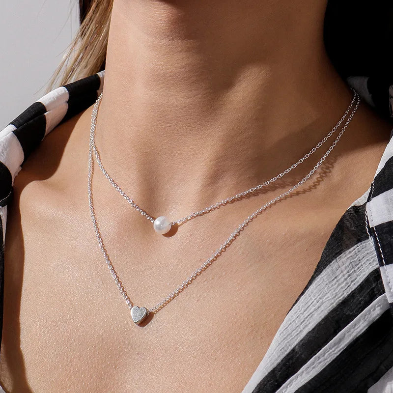 925 Sterling Silver Double-Layer Layered Pearl Necklace Fashionable Love Pendant Collarbone Chain Temperament Luxury Jewelry