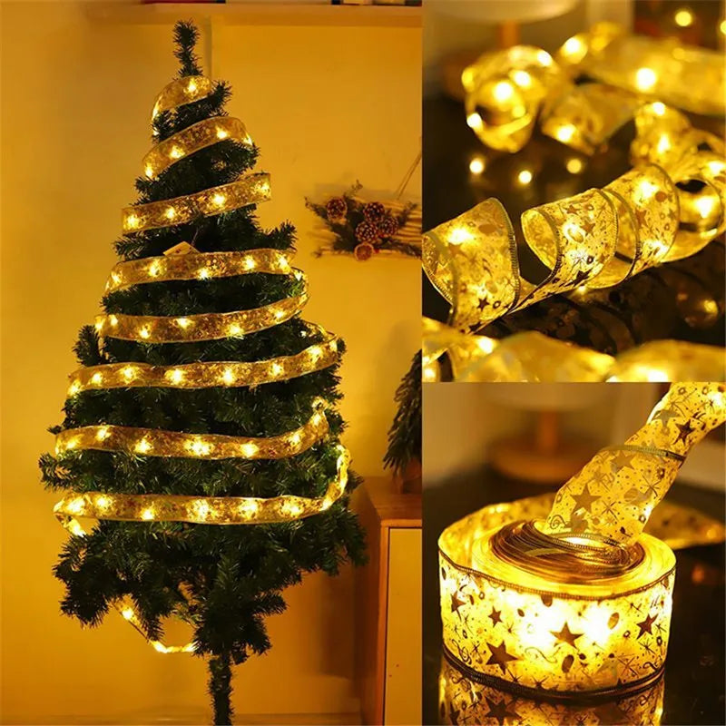 Christmas Decoration LED Ribbon Fairy Lights Christmas Tree Ornaments for Home 2025 DIY Bows Light String Navidad New Year 2025