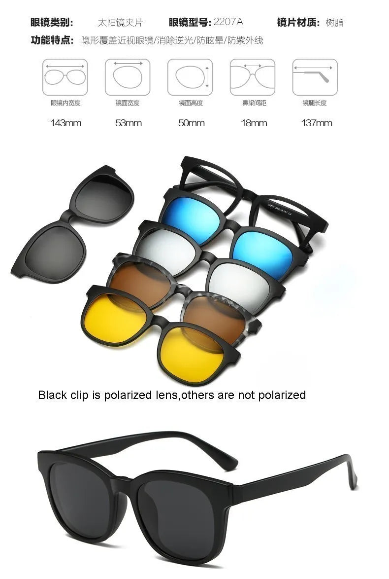 6 In 1 Custom Men Women Polarization Optical Magnetic Sunglasses Clip Magnet Clip on Sunglasses  Clip on Sun Glasses Frame