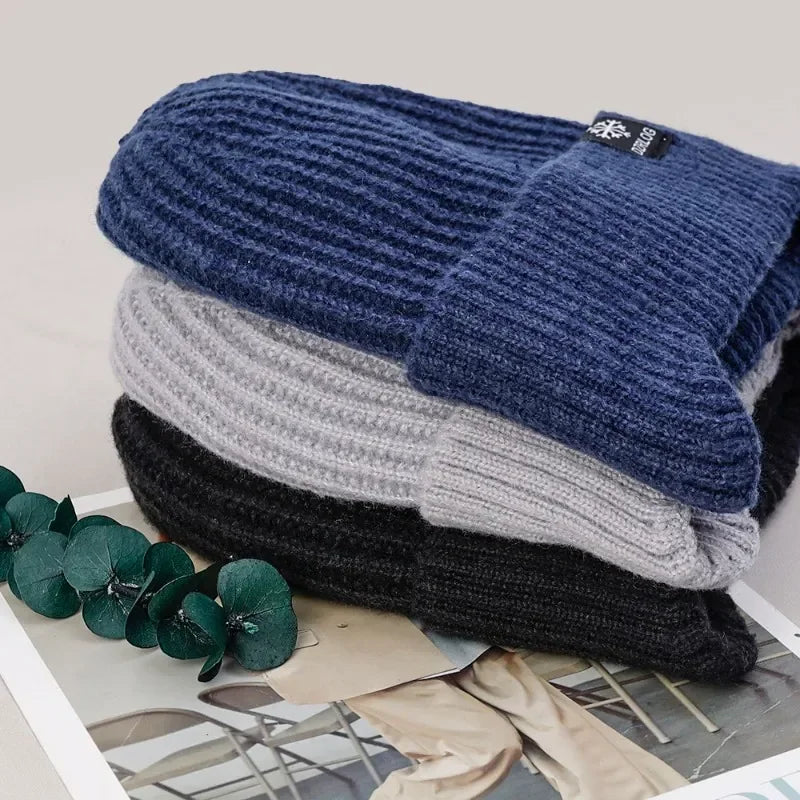 Outdoor Men Winter Knitted Hat Plush Warmth Peaked Cap Earmuff Casual Fashion Faux Fur Lined Bomber Hats Cycling Ear Protection