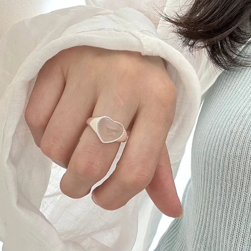 925 Sterling Silver Love Chalcedony Ring Female Simple Elegance Sweet Temperament Peach Heart Shape Opening Design Ring